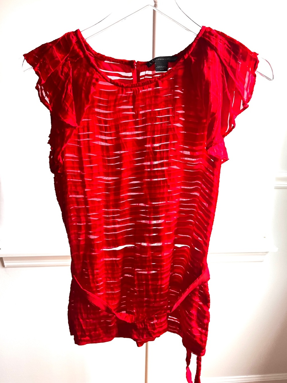 Armani Exchange Red Striped Blouse Silk blend Ruffle Sleeve Belted top Size XS